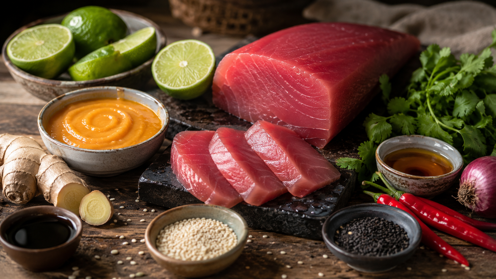 Ingredientes para preparar tataki de atún con ají amarillo