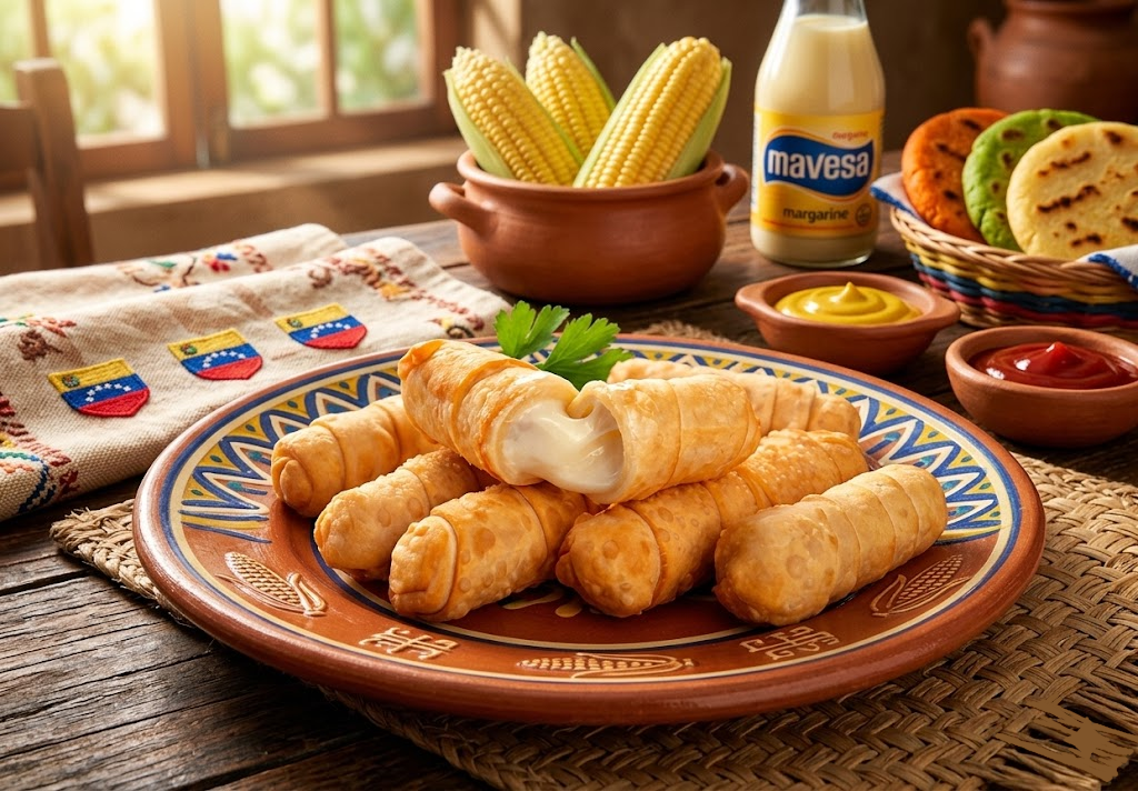 Tequeños venezolanos dorados servidos con guasacaca y salsa de ajo