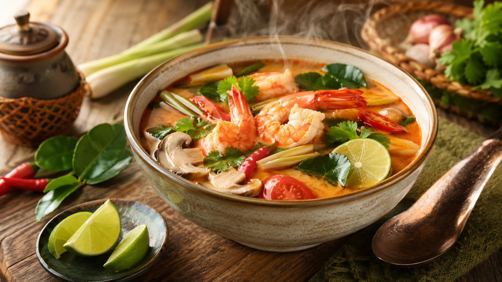 Tom yum tailandés con gambas, setas, lima, citronela y cilantro
