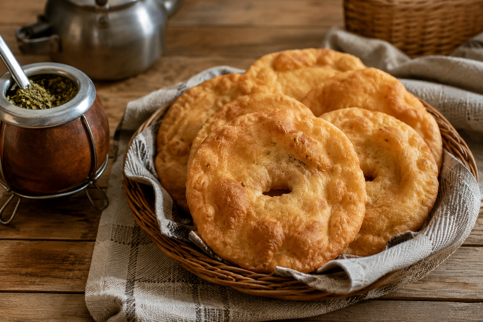 Tortas fritas uruguayas doradas servidas con mate en una mesa rústica