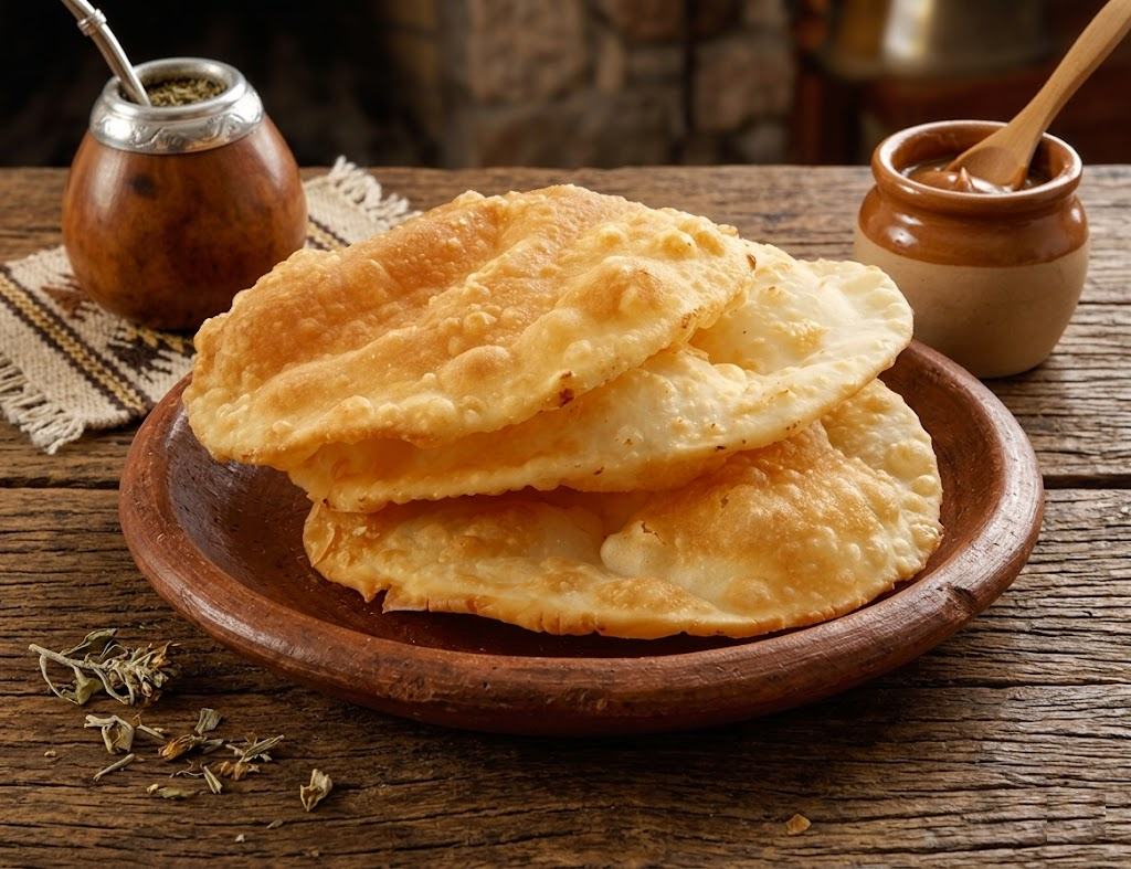 Tortas fritas uruguayas servidas calientes con mate y dulce de leche