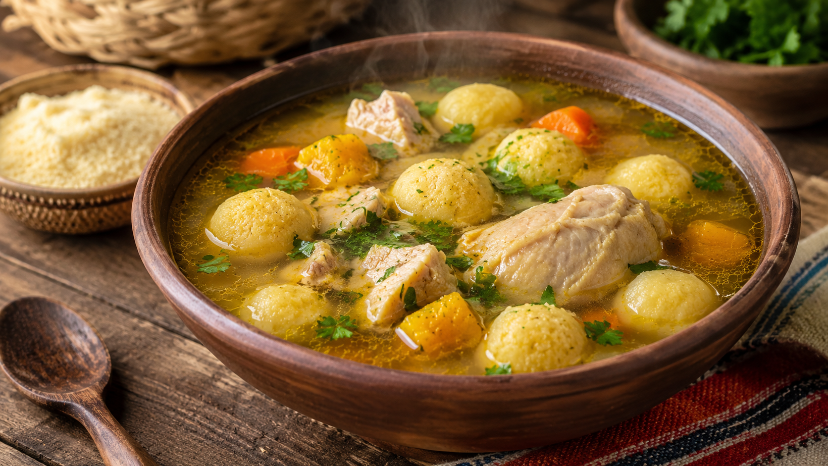 Vori vori paraguayo con caldo de pollo, verduras y bolitas de maíz con queso