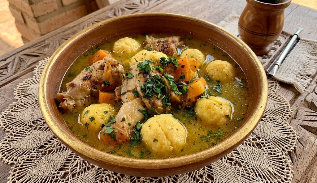 Vori vori paraguayo servido caliente con bolitas de maíz, pollo y verduras