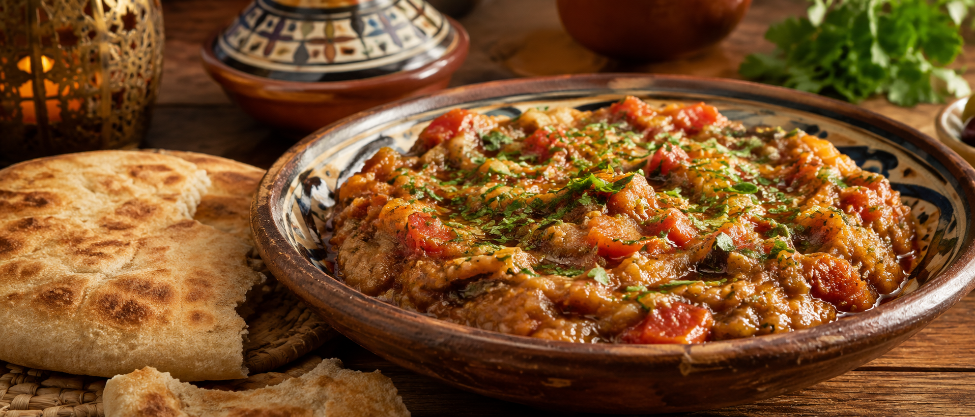 Zaalouk marroquí de berenjena y tomate servido con pan marroquí